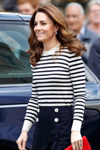 Kate Middleton wears a striped jumper as she attends the launch the King's Cup Regatta at the Cutty Sark, Greenwich on May 7, 2019 in London, England.