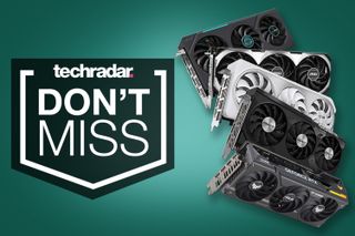 Several RTX 4070 graphics cards against a green background with a TechRadar Don&#039;t Miss badge