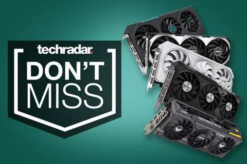 Several RTX 4070 graphics cards against a green background with a TechRadar Don't Miss badge