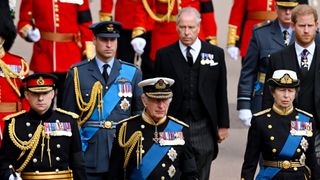 Prince William, Prince of Wales, King Charles III, David Armstrong-Jones, 2nd Earl of Snowdon, Prince Harry, Duke of Sussex, King Charles III and Anne, Princess Royal walk behind the State Hearse