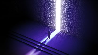 Digital world concept image showing a man standing before digitized wall with small opening and light shining out from other side.