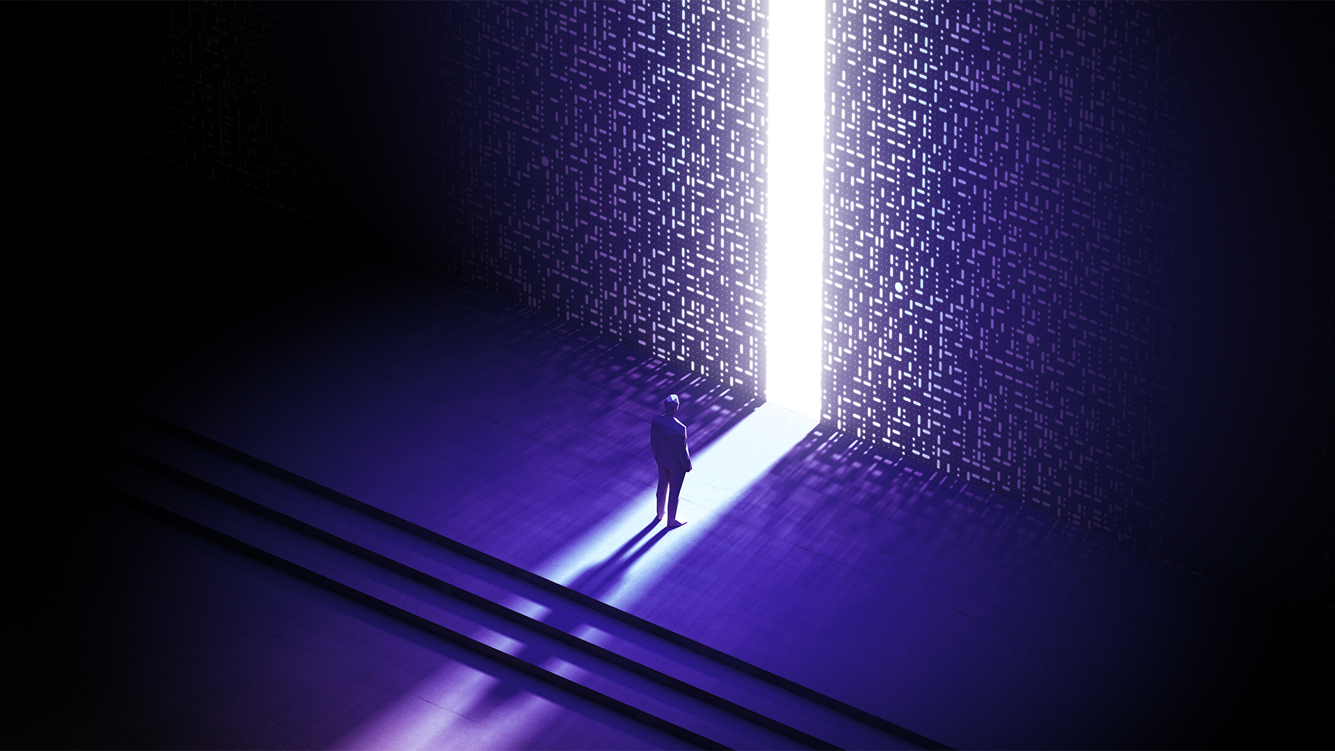 Digital world concept image showing a man standing before digitized wall with small opening and light shining out from other side.