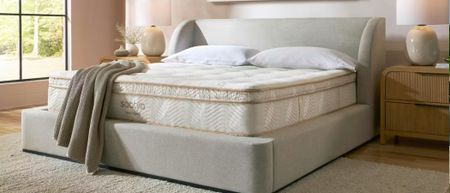 The image shows a cream mattress with gold piping on top of a pebble-colored bed frame, placed in a neutrally decorated bedroom