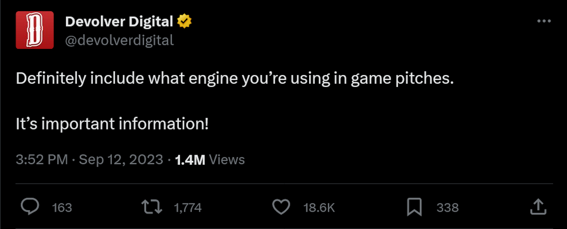 Definitely include what engine you’re using in game pitches.   It’s important information!