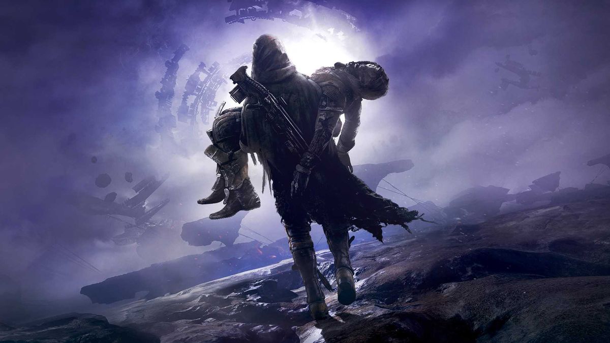 Forsaken key art showing the Guardian carrying Cayde-6