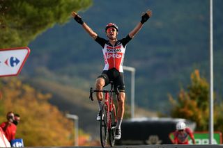 SABIANIGO SPAIN OCTOBER 24 Arrival Tim Wellens of Belgium and Team Lotto Soudal Celebration during the 75th Tour of Spain 2020 Stage 5 a 1844km Huesca to Sabinigo 835m lavuelta LaVuelta20 La Vuelta on October 24 2020 in Sabinigo Spain Photo by David RamosGetty Images