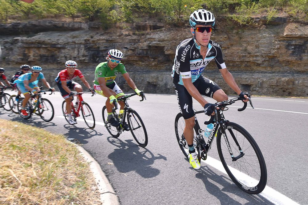 Michal Golas leads Peter Sagan in the breakaway.