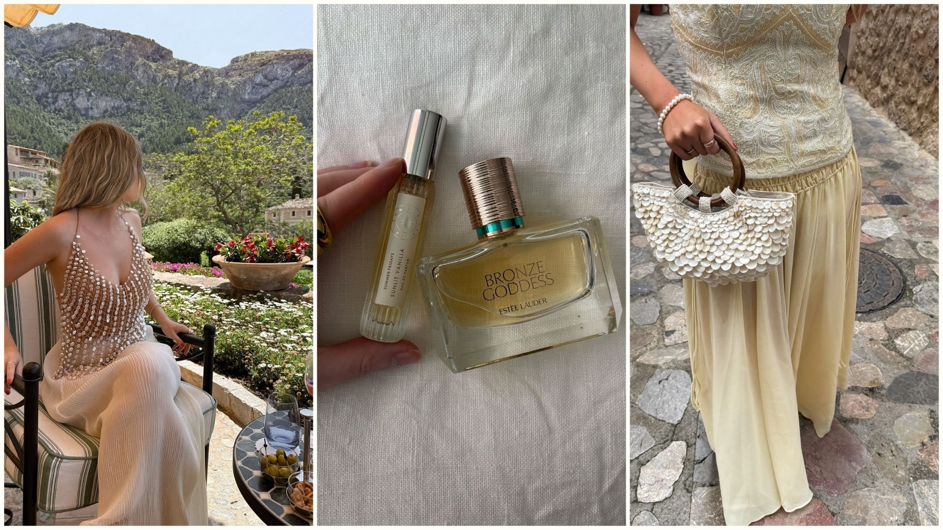 Two pictures of creator @michellerosedrumm on holiday in the sunshine wearing beige-toned outfits and a picture of two vanilla and coconut perfumes on a white linen background