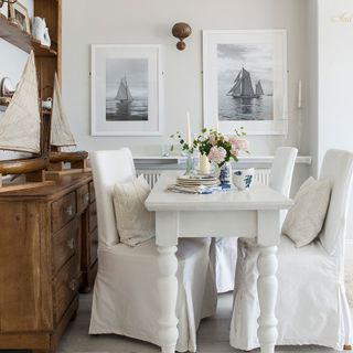 white themed dining table with wooden drawer