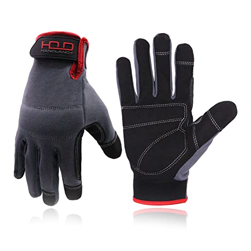 Handlandy Mens Work Gloves Touch Screen, Synthetic Leather Utility Gloves, Flexible Breathable Fit- Padded Knuckles &amp;amp; Palm (large)