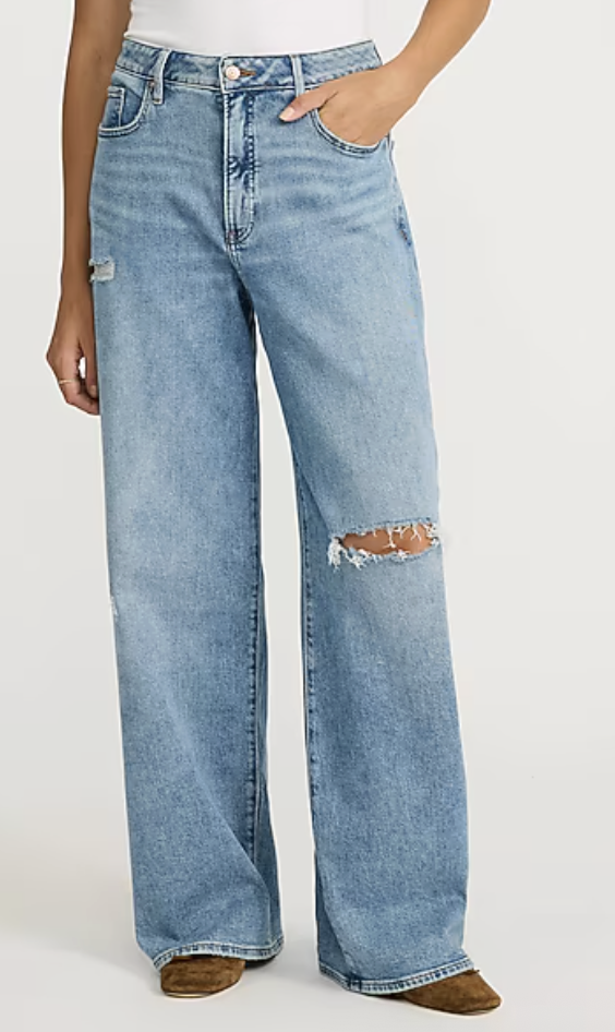 Express, Low Slung Light Wash Ripped Baggy Jeans