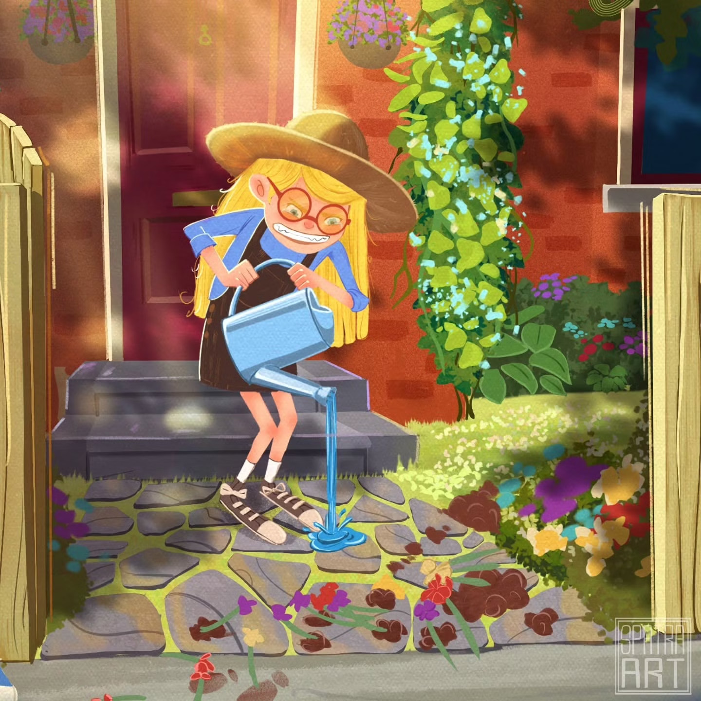 Illustration of a girl watering a pavement