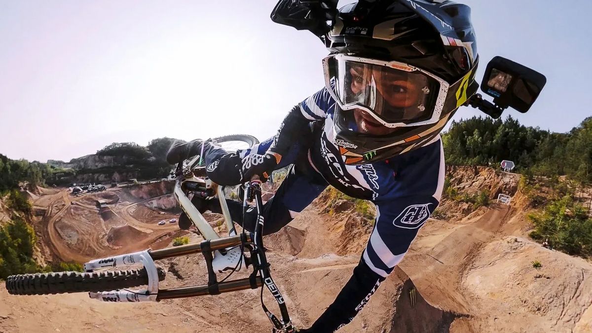 Mountain biker in the air using one of the best MTB action cameras