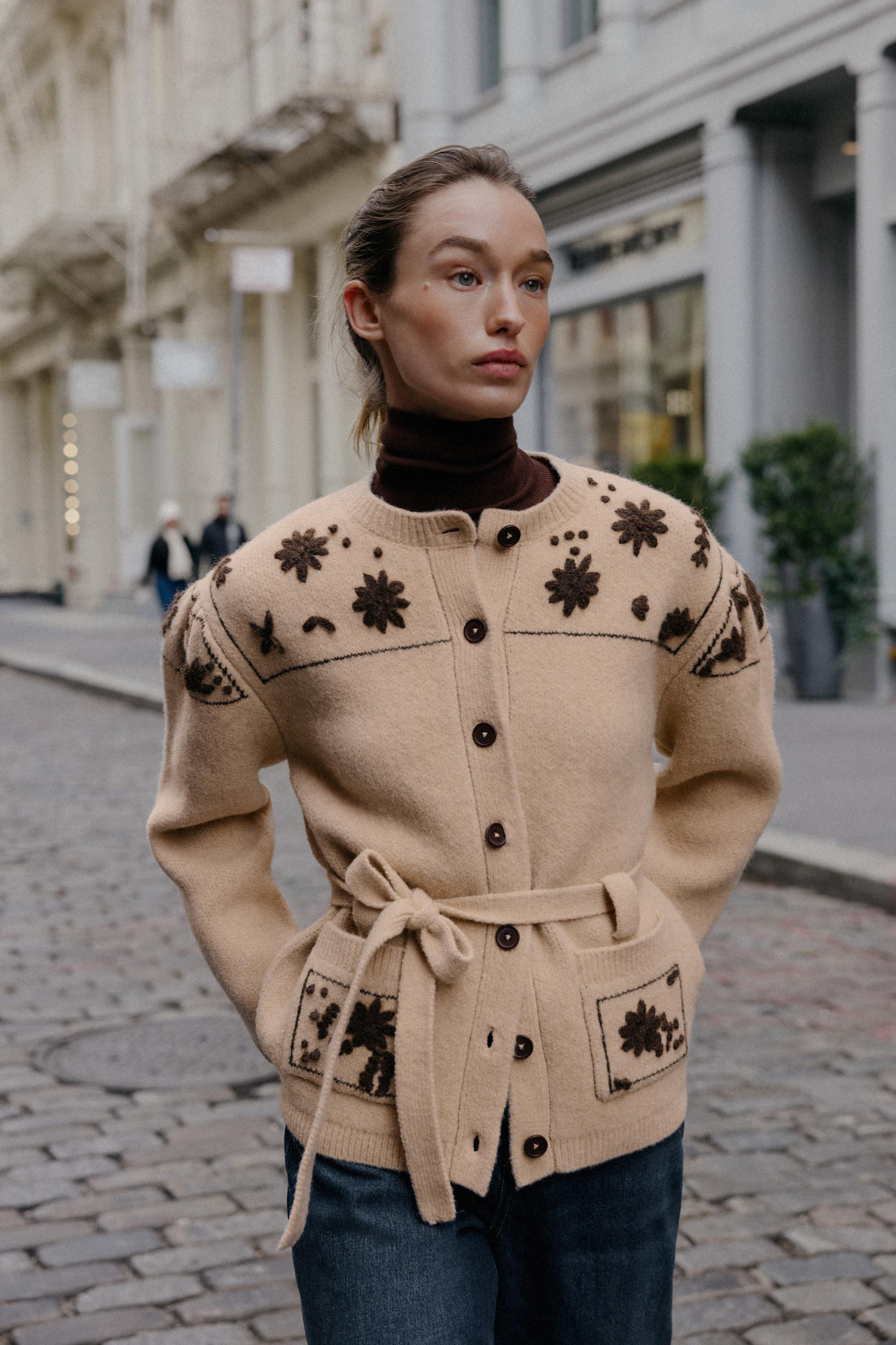 ZARA Wool Blend Jacket With Embroidered Flowers and Belt