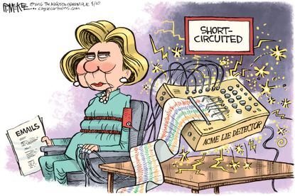 Political cartoon U.S. Hillary Clinton short-circuited emails lies