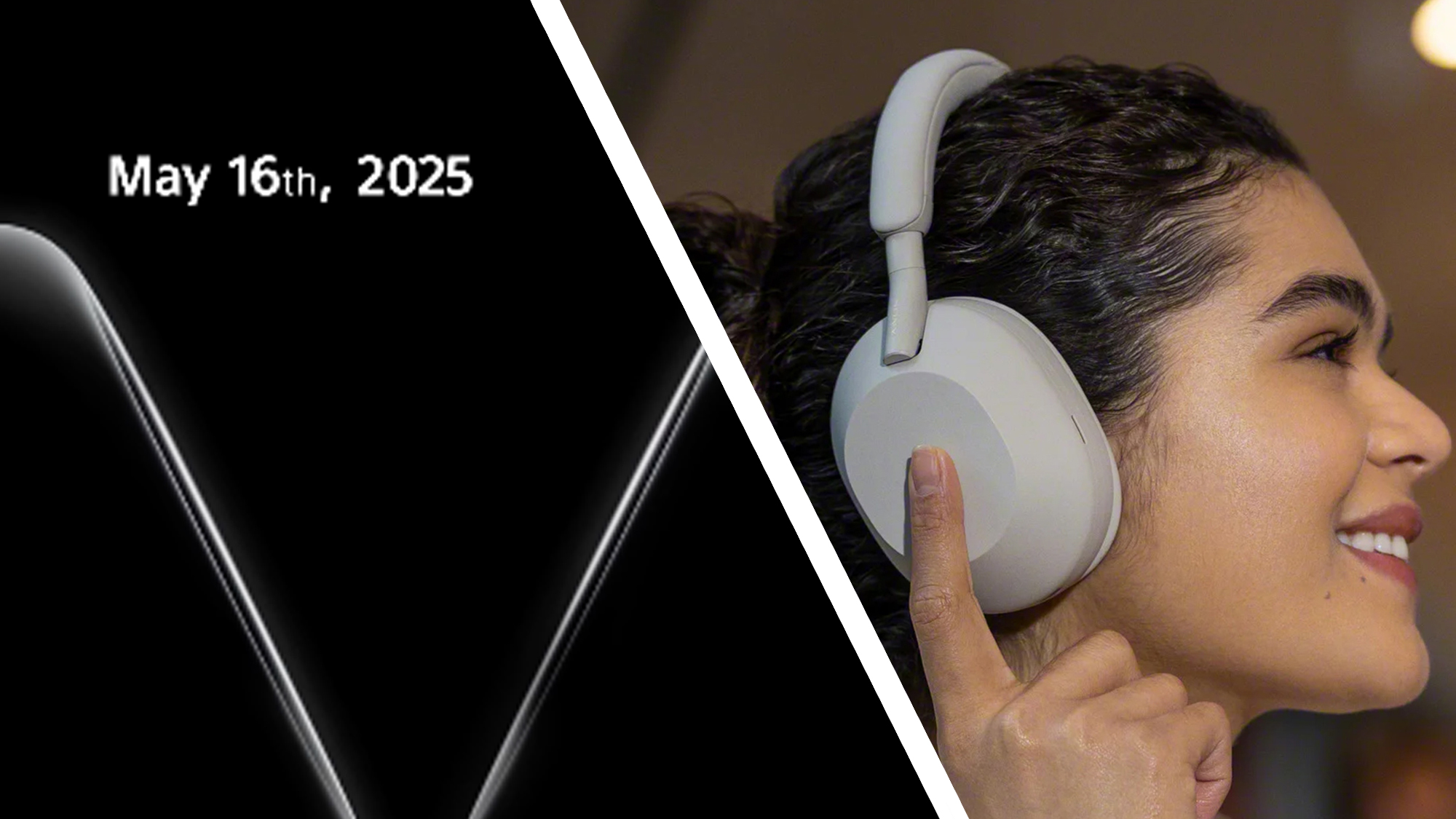 A teaser for the launch of the WH-1000XM6 headphones next to a woman wearing the WH-1000XM5 headphones