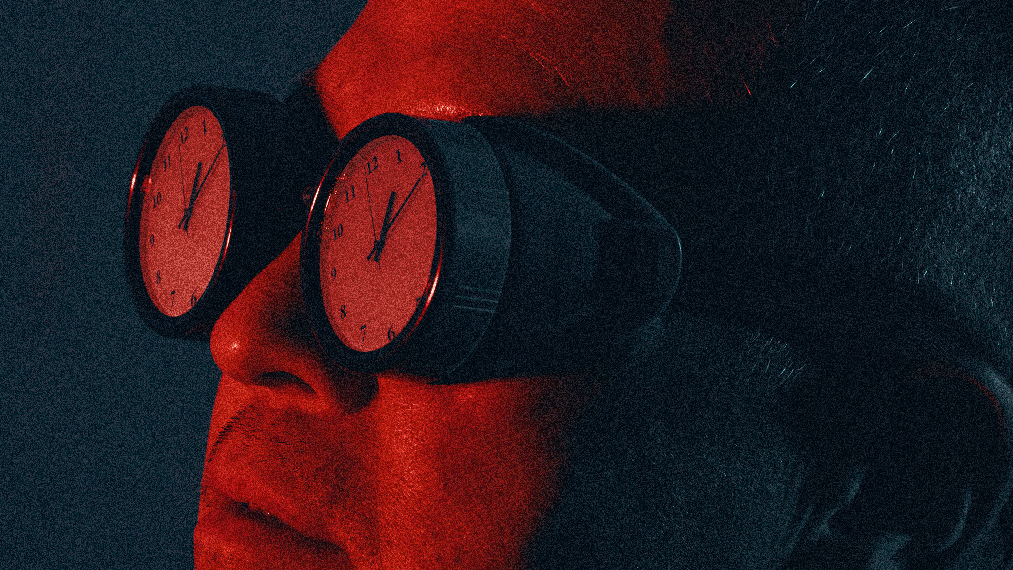 Photo collage of a man wearing goggles with clocks for glass