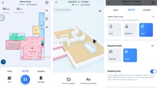 Screenshots of the Ecovacs app, showing 2D and 3D maps, along with mopping settings