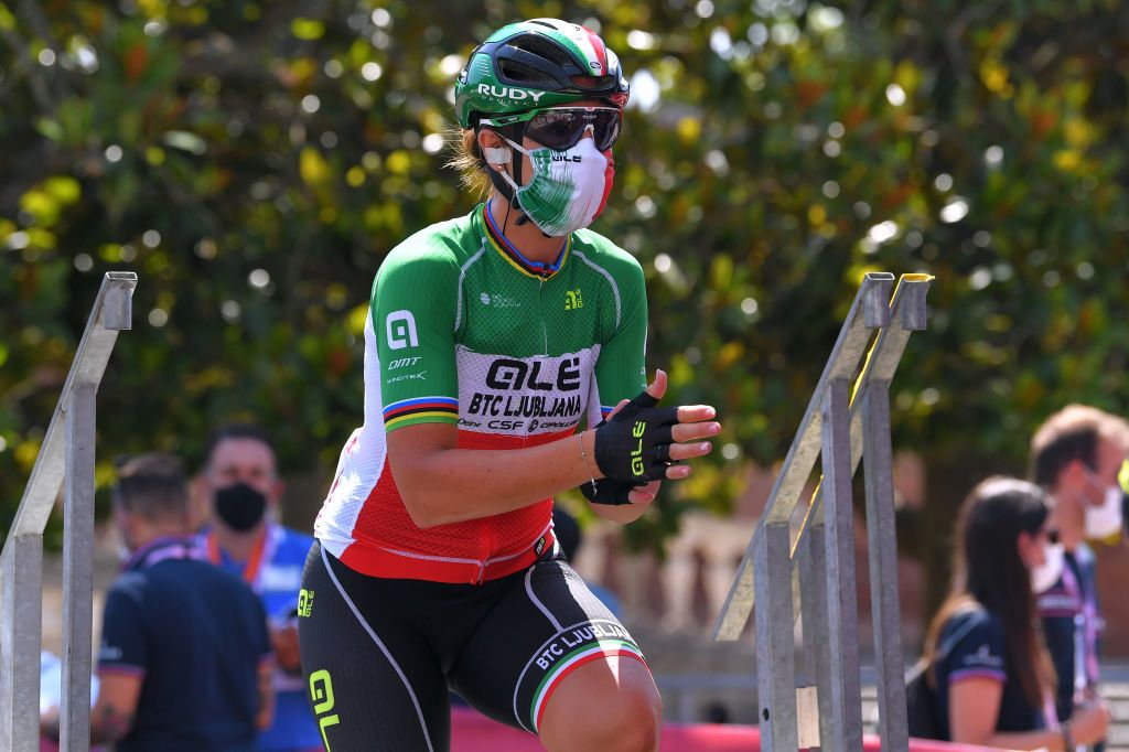 SIENA ITALY AUGUST 01 Start Marta Bastianelli of Italy and Team Ale BTC Ljubljana Covid Safe measures during the Eroica 6th Strade Bianche 2020 Women Elite a 136km race from Siena to Siena Piazza del Campo StradeBianche on August 01 2020 in Siena Italy Photo by Luc ClaessenGetty Images