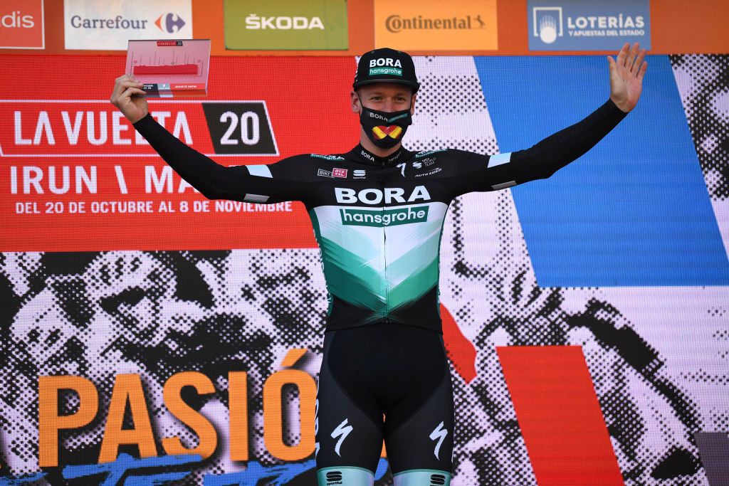 AGUILAR DE CAMPOO SPAIN OCTOBER 29 Podium Pascal Ackermann of Germany and Team BORA Hansgrohe Celebration during the 75th Tour of Spain 2020 Stage 9 a 1577km stage from Cid Campeador Military Base Castrillo del Val to Aguilar de Campoo lavuelta LaVuelta20 on October 29 2020 in Aguilar de Campoo Spain Photo by David RamosGetty Images