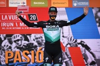 AGUILAR DE CAMPOO SPAIN OCTOBER 29 Podium Pascal Ackermann of Germany and Team BORA Hansgrohe Celebration during the 75th Tour of Spain 2020 Stage 9 a 1577km stage from Cid Campeador Military Base Castrillo del Val to Aguilar de Campoo lavuelta LaVuelta20 on October 29 2020 in Aguilar de Campoo Spain Photo by David RamosGetty Images