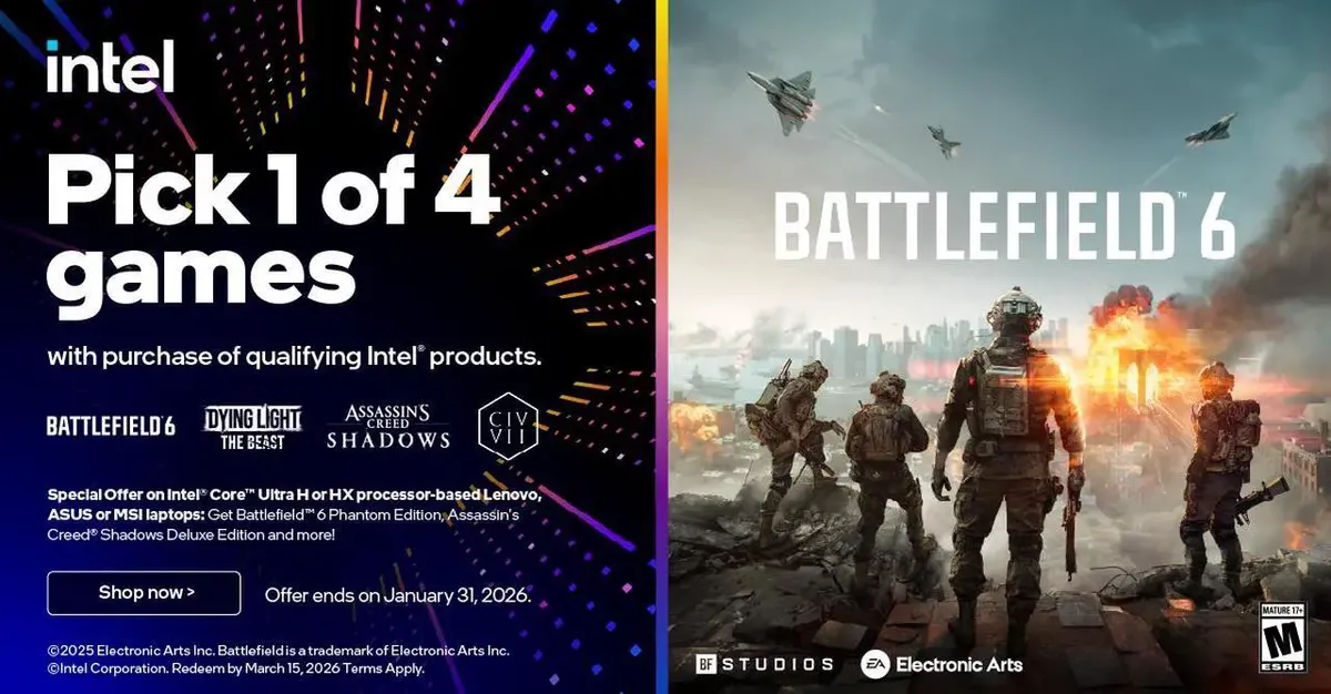 Intel is giving away up to three games worth $280, including Battlefield 6, with the purchase of select Core Ultra 200 series products — 2025 Holiday Gaming Bundle packs free games with Intel CPUs, GPUs, and laptops