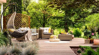 Patio privacy mistakes are worth avoiding. Here is a wooden patio with brown rattan seats and a table with a tray of orange juice, with tall trees and ornamental grasses surrounding the scene