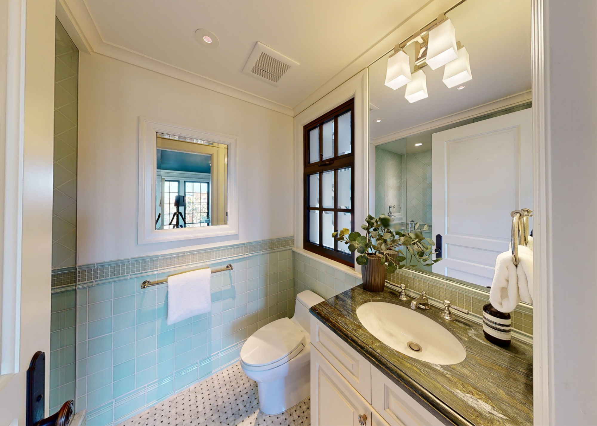 before picture of bathroom design w green counter and blue tiles