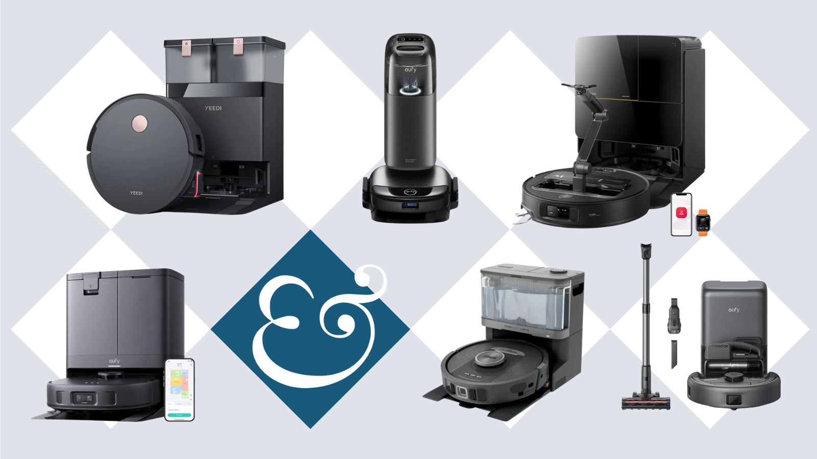 Yeedi, eufy, Shark, and Roborock robot vacuums on tile background with Homes &amp; Gardens &#039;&amp;&#039; symbol.