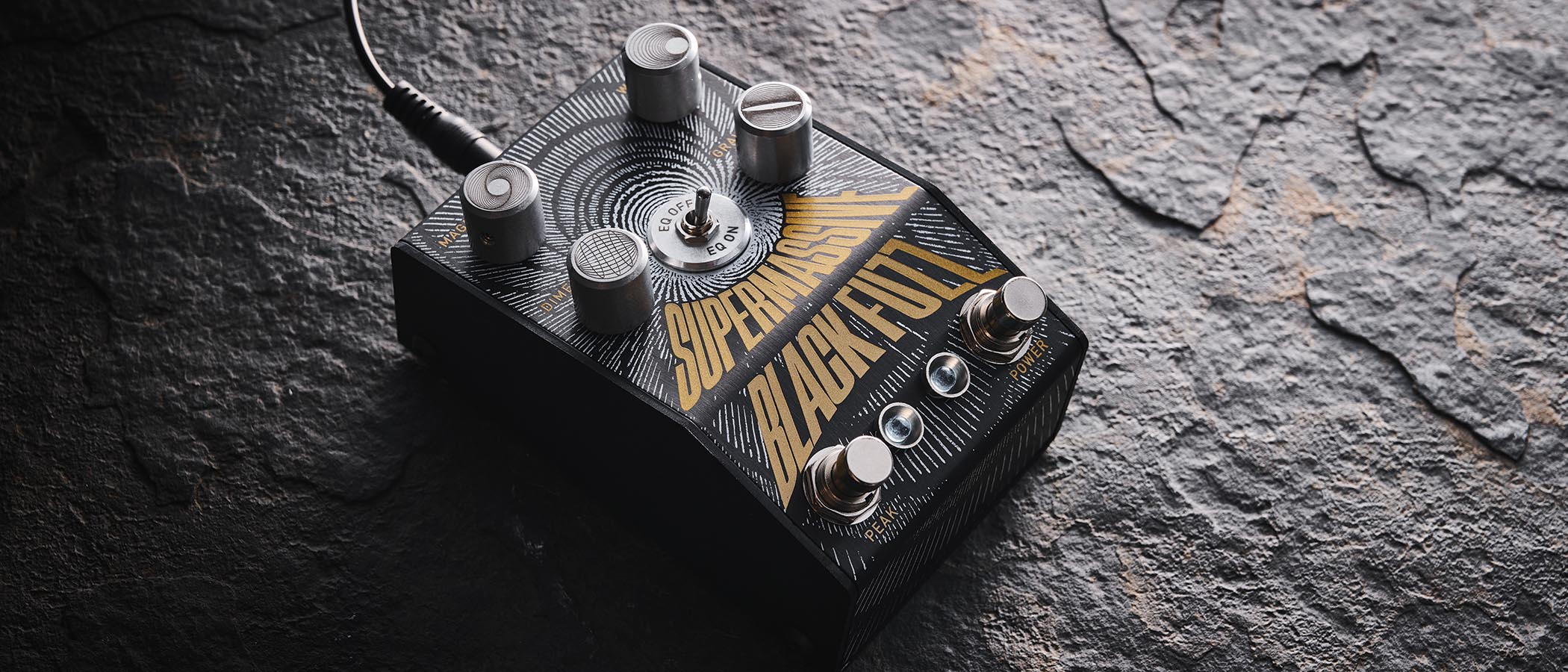 The Manson Guitar Works Supermassive Black Fuzz has control knobs crafted from exceedingly strong 6082 T6 aluminium and each is engraved with unique custom art to&nbsp;represent its function