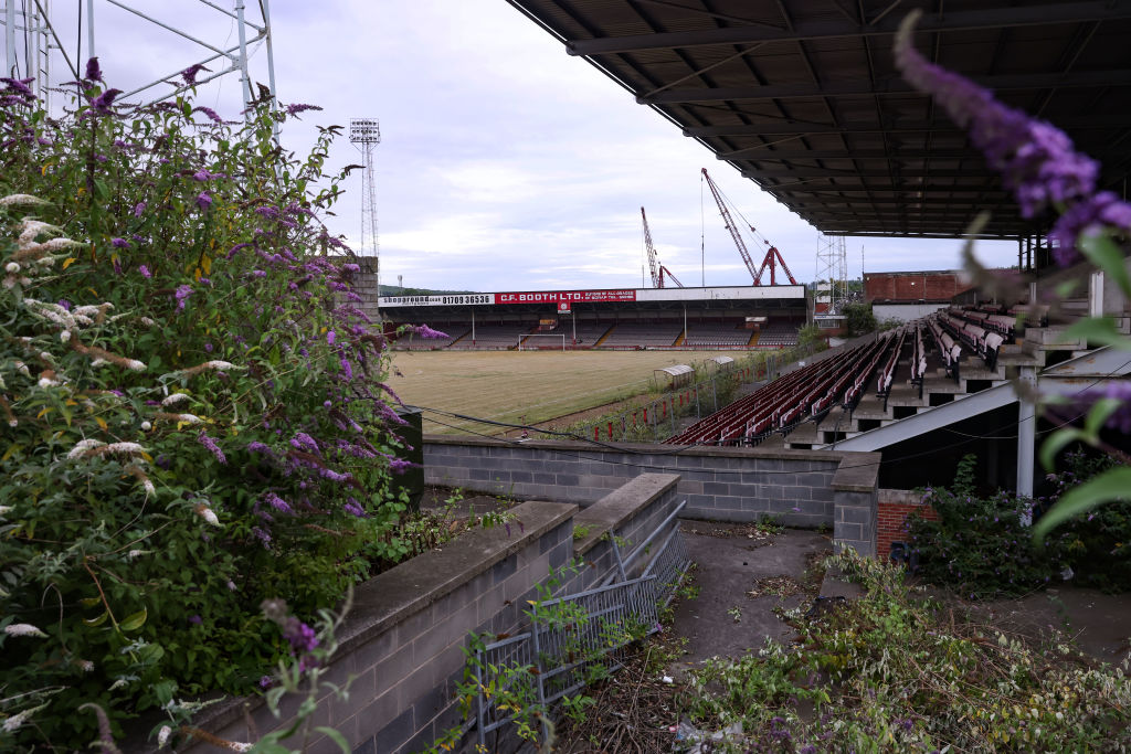ROTHERHAM, ENGLAND - JULY 23: A general of Rotherham United&amp;amp;apos;s former stadium Millmoor almost in a in a state of abandon with overgrown plants prior to the UEFA Women&amp;amp;apos;s Euro England 2022 Quarter Final match between France and Netherlands at The New York Stadium on July 23, 2022 in Rotherham, England. (Photo by Jonathan Moscrop/Getty Images)