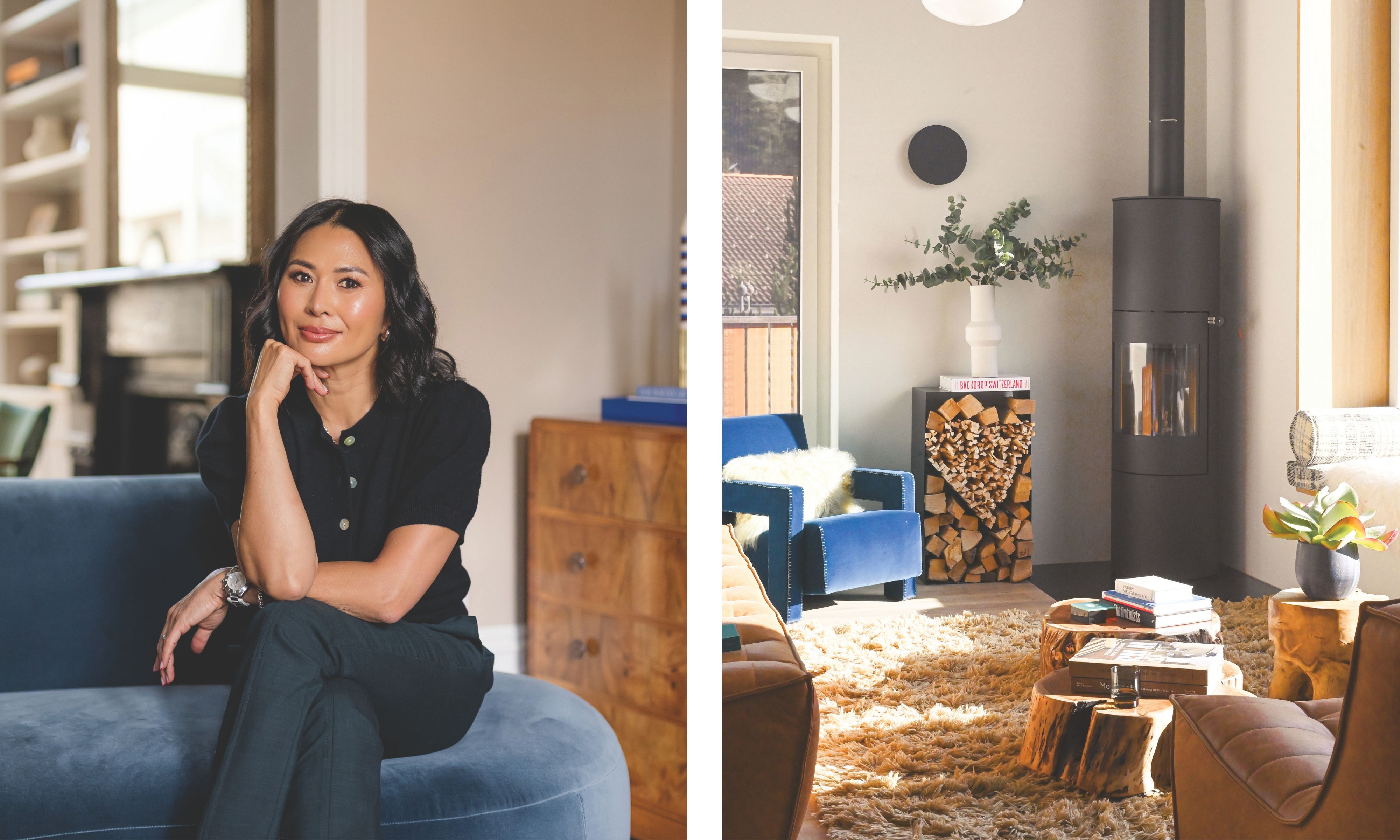 A side-by-side composition featuring designer Susan Chesney sitting on a blue velvet sofa, next to a sunlit living room with a modern fireplace and rustic wood accents