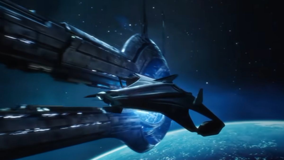 Very Normandy-lookin spaceship from the leaked Mass Effect: Universe trailer