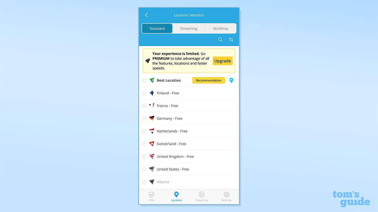 Screenshot of Hide.me VPN Free on iOS. Image shows its 7 free servers
