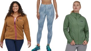 composite of three models wearing various clothing items from patagonia