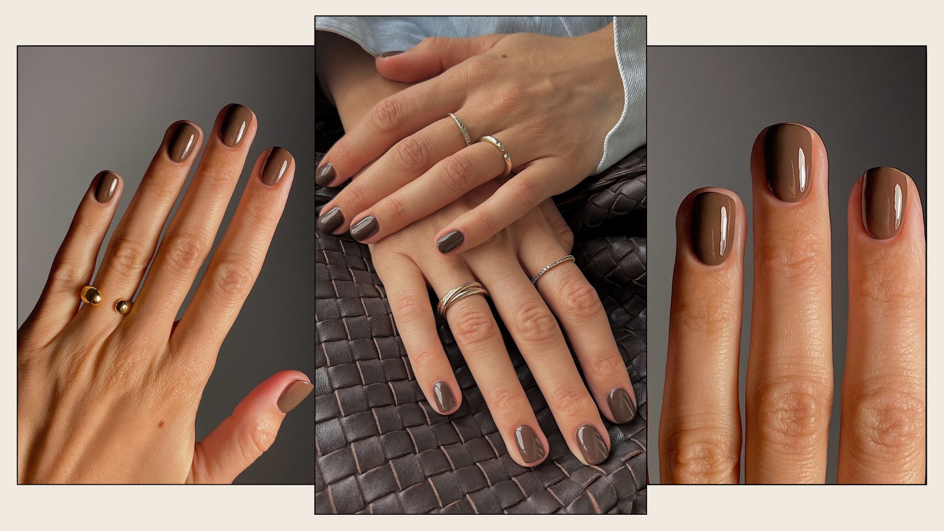 A collage of Mate Janova&#039;s hands wearing Manucurist Green Nail Polish in the shade Mocha, a chocolate brown shade