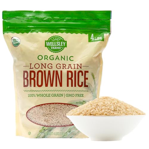 Wellsley Farms Organic Long-Grain Brown Rice | Usda Certified, Kosher, Gmo-Free | Quick-Cooking, Nutty Flavor, and Versatile for Healthy Meals | Premium Sourced Long-Grain Rice | 4 Lbs Rice Bag