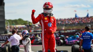 Charles Leclerc of Monaco and Ferrari celebrates his win during the F1 Grand Prix of Great Britain at Silverstone Circuit