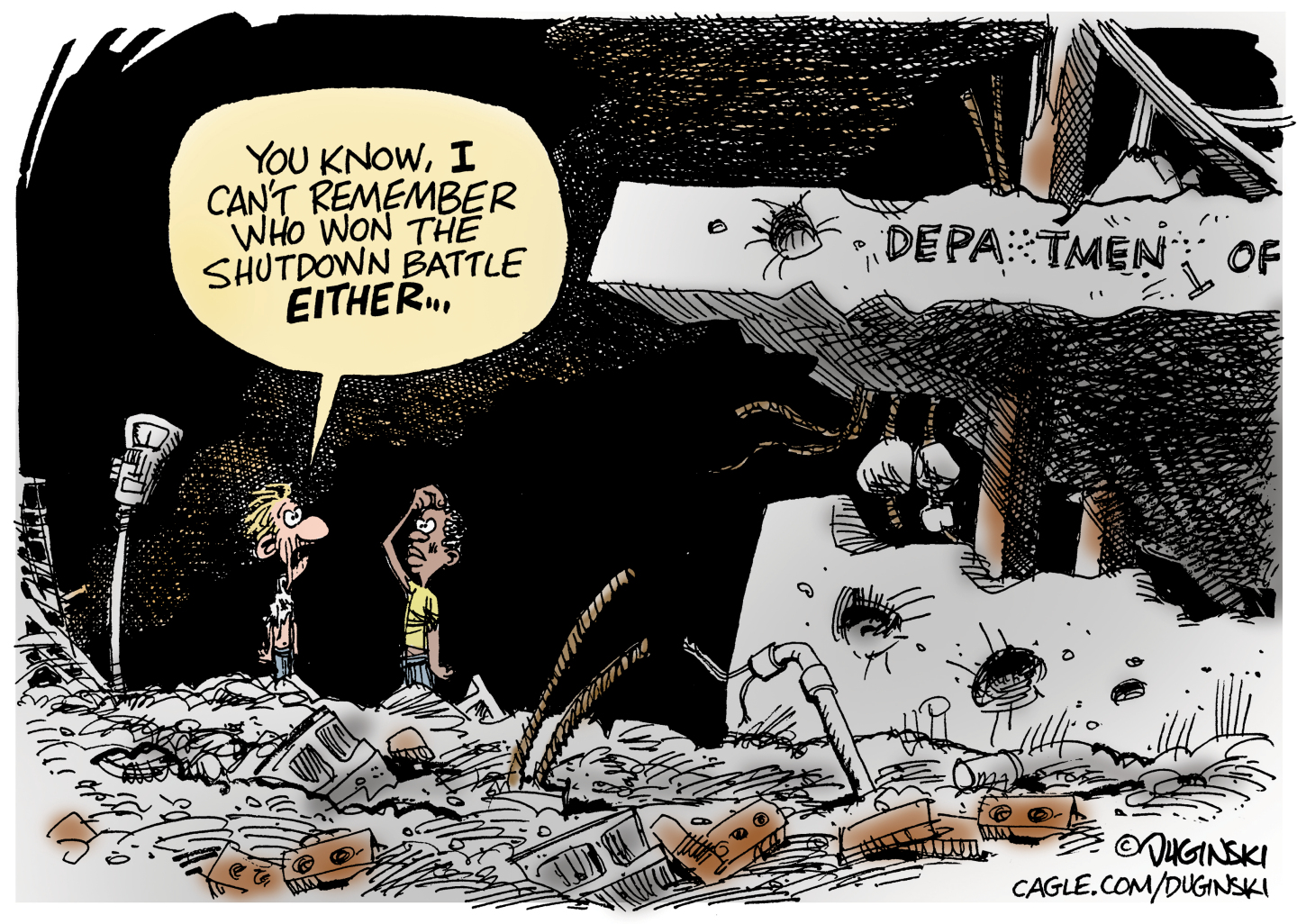 This cartoon is set outside in a ruined, dystopian landscape next to a ruined federal government building. Two men speak and one says to the other, “You know, I can’t remember who won the shutdown battle either…”