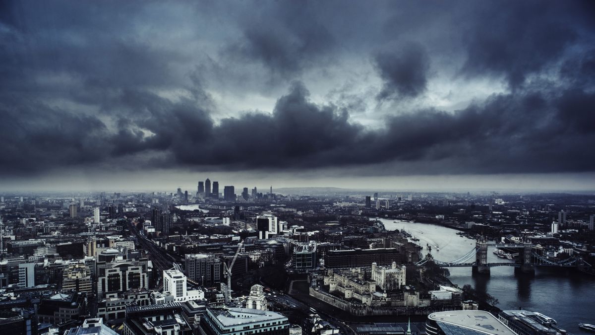 Dark clouds gathering against the London skyline