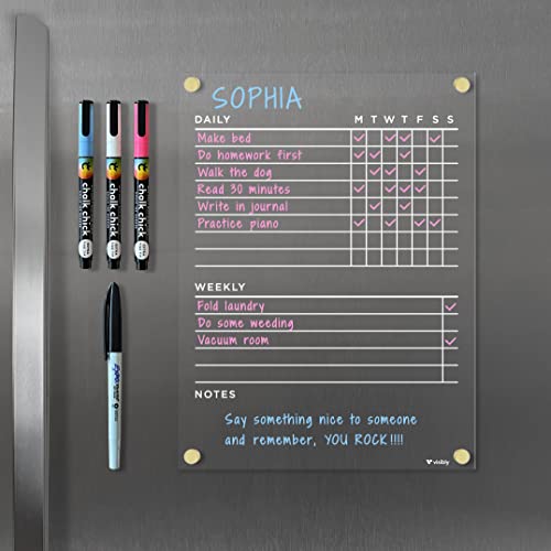 Visibly Magnetic Acrylic Chore Chart for Fridge 9&amp;rdquo; X 12&amp;rdquo;, Clear Wet Erase Refrigerator Task Board, Minimalist Routine Planning Board, Includes 4 Magnetic Markers, Black Corner Magnets