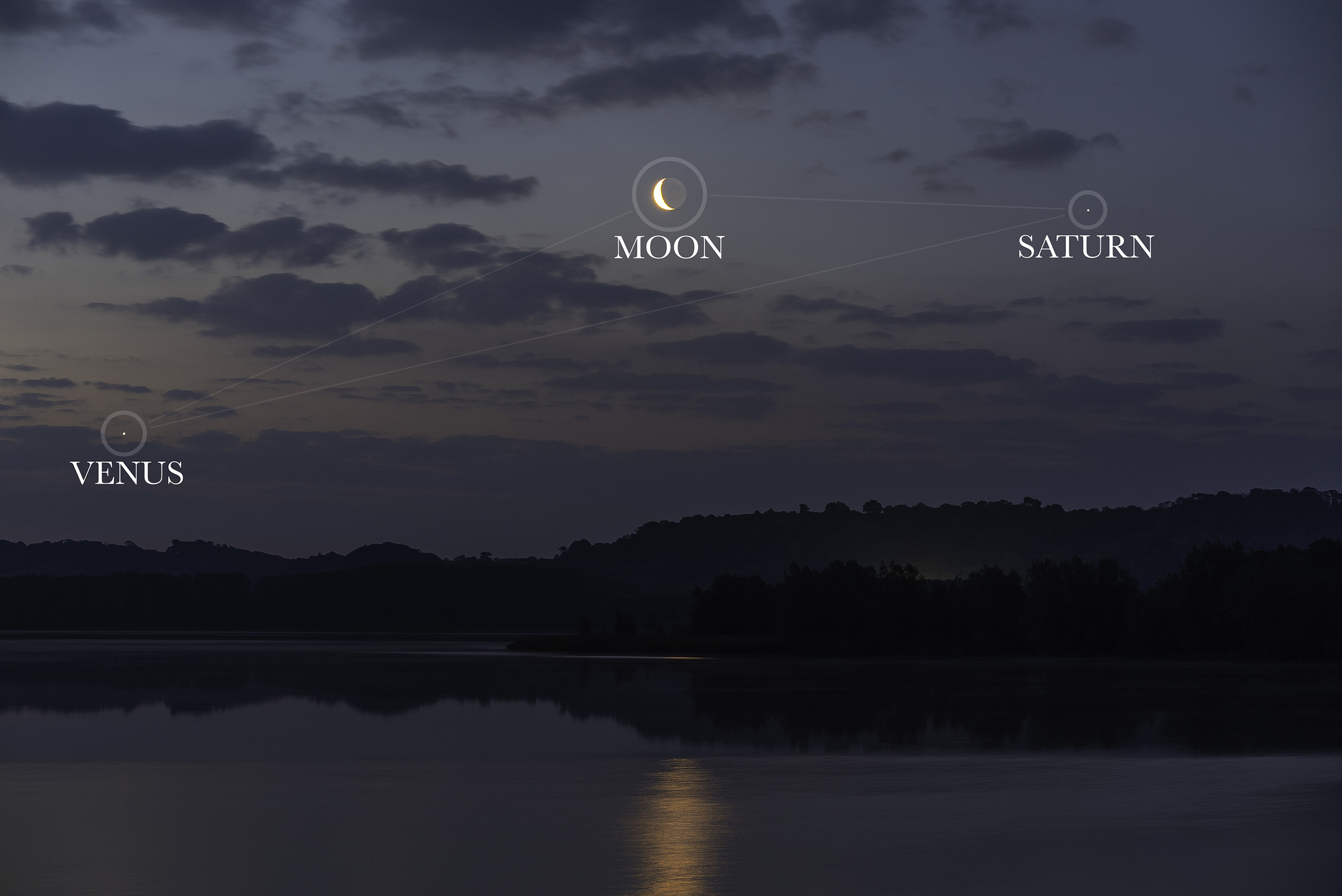 night sky image showing the moon shining in the center with Venus to the left and Saturn to the right.