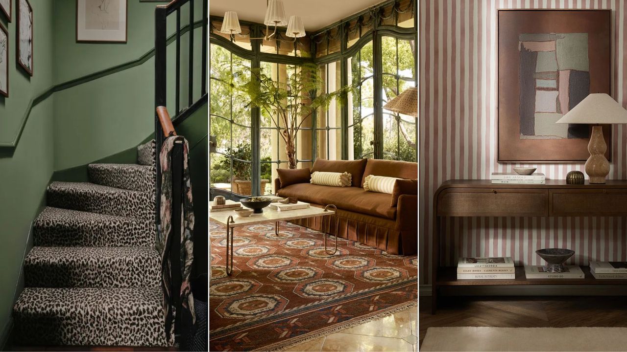 Leopard print staircase, cozy living room with pleated sofa and striped wallpaper in entryway