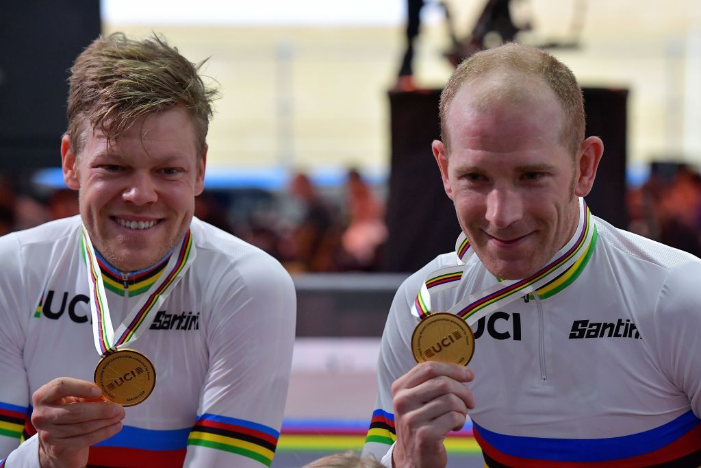 Gold medalists Denmarks Lasse Norman Hansen and Denmarks Michael Morkov celebrate after the mens 50km Madison final at the UCI track cycling World Championship at the velodrome in Berlin on March 1 2020 Photo by Tobias SCHWARZ AFP Photo by TOBIAS SCHWARZAFP via Getty Images