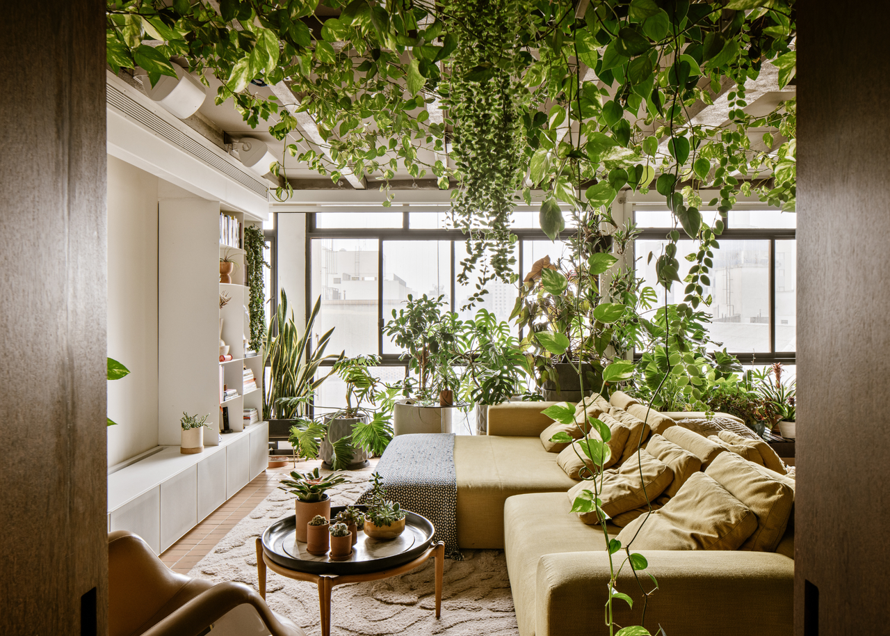 Wood doors opening into a living room with trailing vines across ceiling beams and an indoor container garden