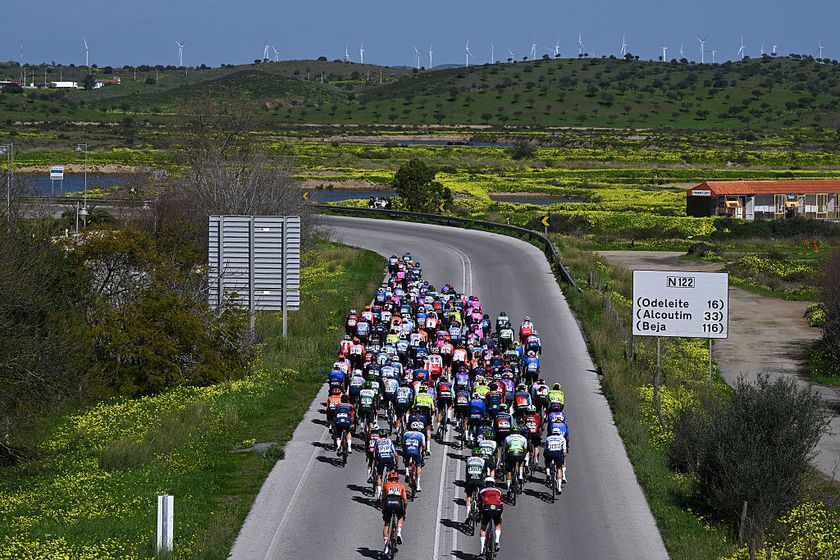 VILA REAL DE SANTO ANTONIO, PORTUGAL - FEBRUARY 18: A general view of the peloton prior to the 52nd Volta ao Algarve em Bicicleta 2026 - Stage 1 a 183.5km stage from Vila Real de Santo Antonio to Tavira on February 18, 2026 in Vila Real de Santo Antonio, Portugal. (Photo by Dario Belingheri/Getty Images)