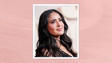 Salma Hayek is pictured wearing a black lace dress and with her hair in waves at the Sports Illustrated Swimsuit Issue launch party held at the Hard Rock Times Square on May 15, 2025, in New York, New York/ in a pink watercolour paint-style template