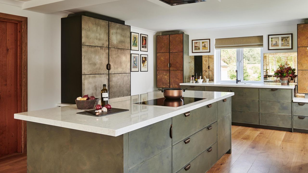 metallic kitchen with island