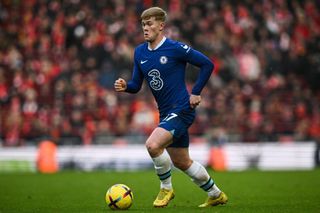 Chelsea's English midfielder Lewis Hall controls the ball during the English Premier League football match between Liverpool and Chelsea at Anfield in Liverpool, north west England on January 21, 2023