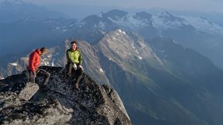 Tommy Caldwell and Alex Honnold at the summit of Central Howser Tower in the Bugaboos, British Columbia, Canada.